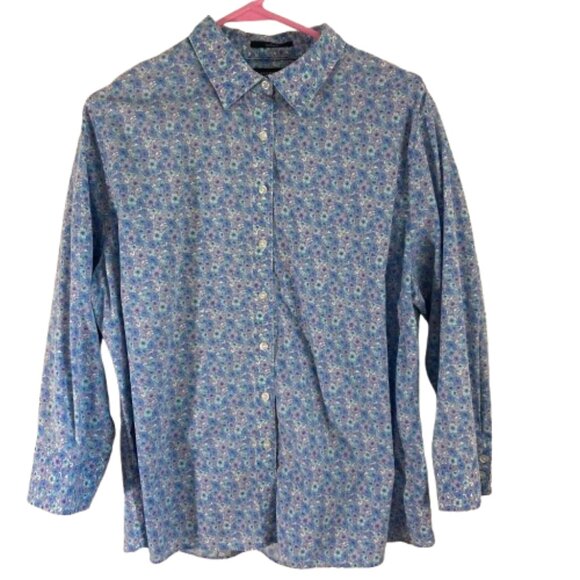 Lands' End Blouse No Iron Button Down Floral Cotton 3/4 sleeve Cottagecore sz 18 - Picture 1 of 10